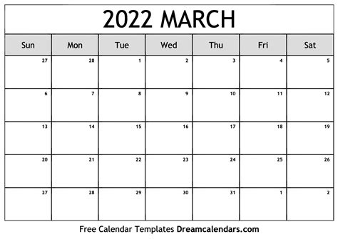 March 2022 Calendar Printable Free